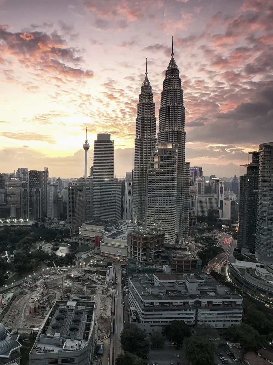 The Petronas Towers at sunset in Kuala Lumpur